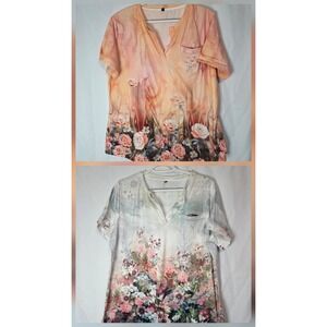 Set Of Two Floral Botanical Tunic Top XL Boho Cottagecore Soft Artsy Graphic Tee
